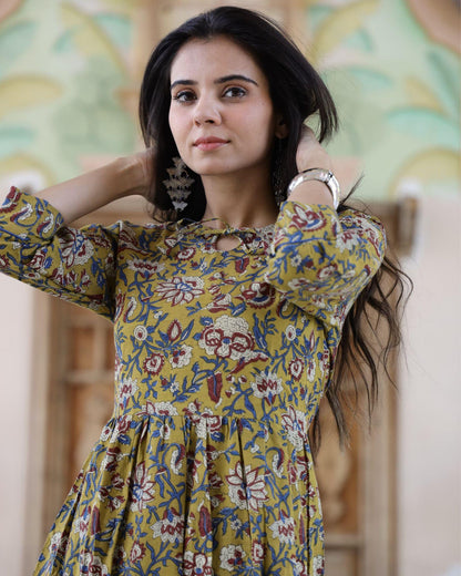 IndieHaat | Cotton One Piece Yellow Frill Dress Handblock Print Ajrakh Dabu Size 38 to 48