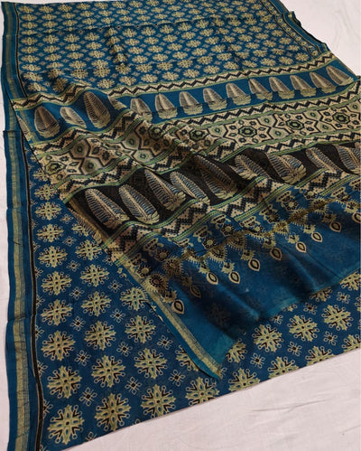 Indiehaat | Chanderi Silk Ajrakh Print Saree Blue