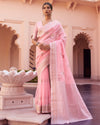 Indiehaat | Silk Linen Banarasi Brocade Pink Saree