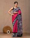 Indiehaat | Mulmul Cotton Saree Dark Pink Color Handblock Printed with Running Blouse