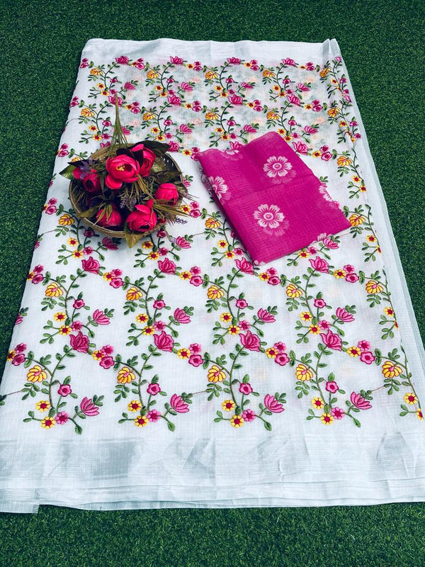 Kota Doria Full Floral Jaal Embroidery Saree
