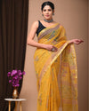 Indiehaat | Blockprinted Kota Doria Yellow Saree | Elegant