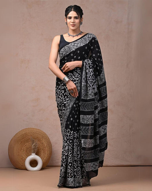 Indiehaat | Pure Mulmul Cotton Saree Black Color handblock printed with Running Blouse