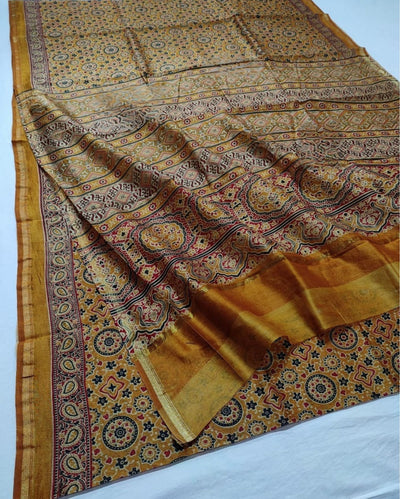 Indiehaat | Chanderi Silk Ajrakh Print Saree Yellow