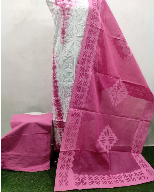 Indiehaat | Cotton Applique Suit Set Shibori Dyed White Top with Rose Pink Bottom and Dupatta