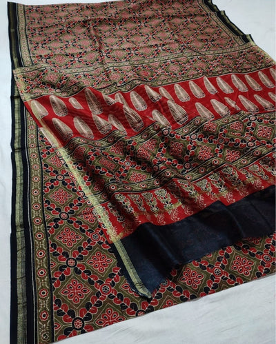 Indiehaat | Chanderi Silk Ajrakh Print Saree Red