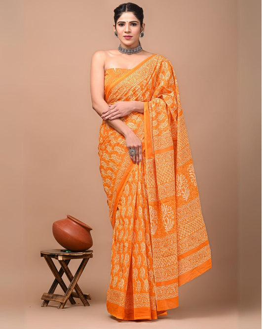Indiehaat | Pure Mulmul Cotton Saree orange Color Bagru Handblock Print with Running Blouse