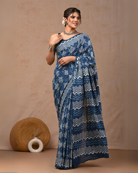 Indiehaat | Mulmul Cotton Saree Blue  Color Handblock Printed with Running Blouse