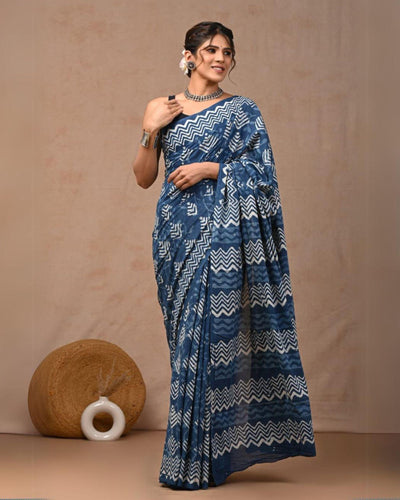 Indiehaat | Mulmul Cotton Saree BlueColor Handblock Printed with Running Blouse