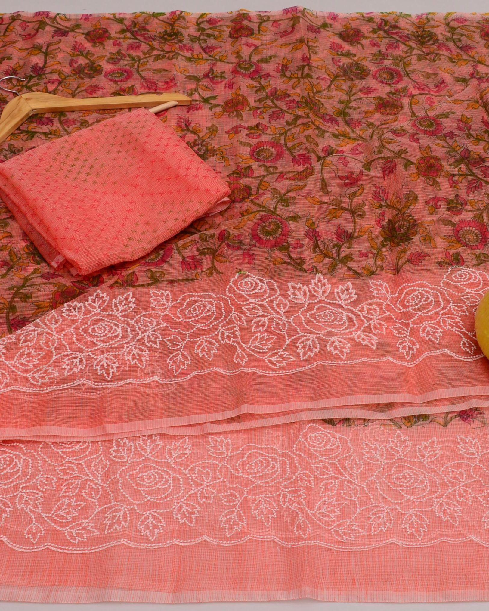Indiehaat | Kota Doria Printed Peach Saree Embroidery with Blouse Piece