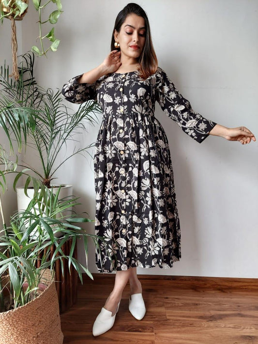 Indiehaat | Cotton Long One Piece Dress Black Color Bagru Hand Printed Size 36 to 46