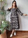 Indiehaat | Cotton Long One Piece Dress Black Color Bagru Hand Printed Size 36 to 46