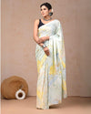 Indiehaat | Pure Mulmul Cotton Saree Pastel Blue Color handblock printed with Running Blouse