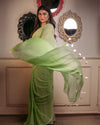 Indiehaat | Mul Cotton Plain Saree Green with Tassel