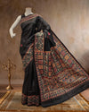 Indiehaat | Madhubani Handpainted Tussar Silk Black Saree