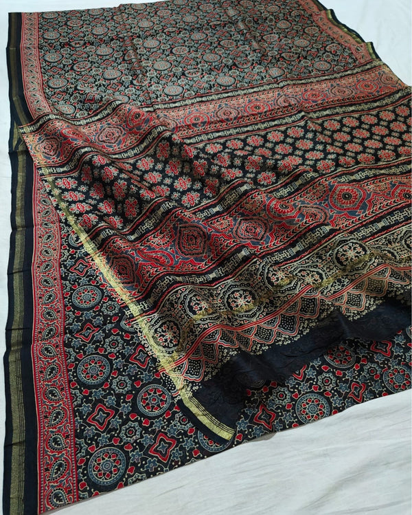 Indiehaat | Chanderi Silk Ajrakh Print Saree Black