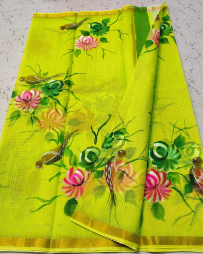 Indiehaat | Kota Cotton Hand Brush Print Green Saree
