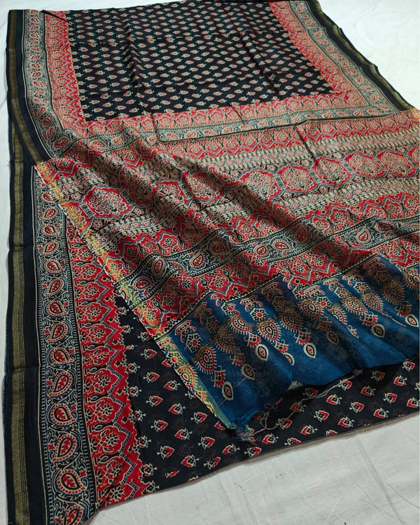 Indiehaat | Chanderi Silk Ajrakh Print Saree Black
