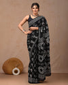 Indiehaat | Mulmul Cotton Saree Black Color Handblock Printed with Running Blouse