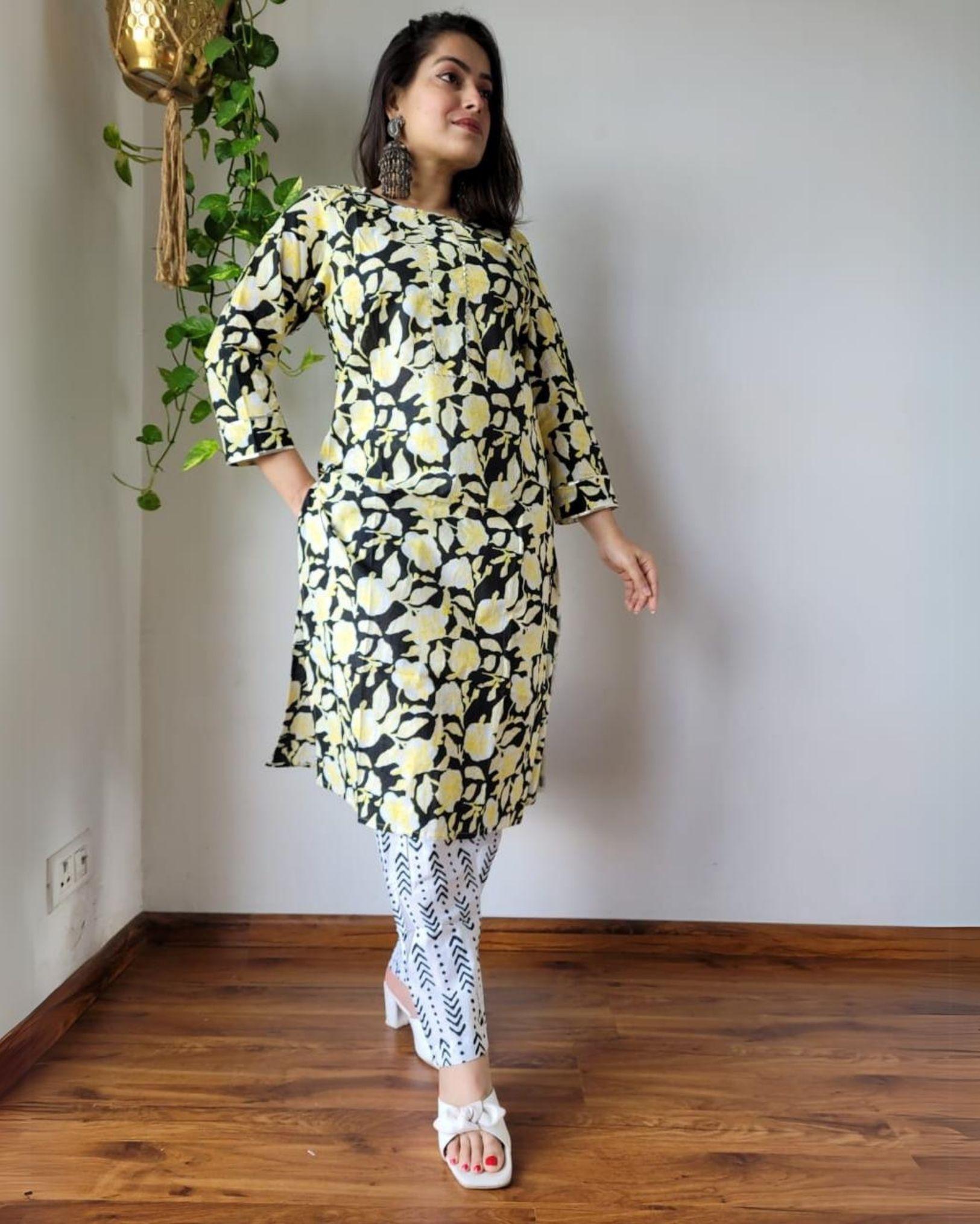 Indiehaat | Cotton Stitched Kurti Black And Yellow Color Handblock Printed With Pant