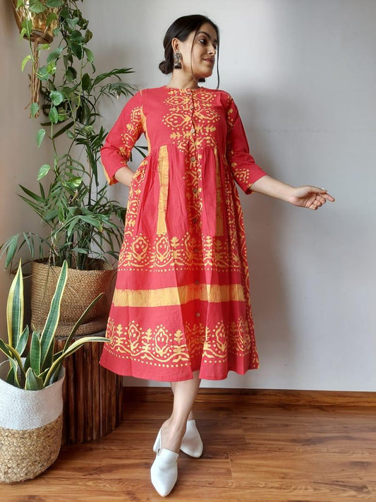 Indiehaat | Cotton Long One Piece Dress Red Color Bagru Hand Printed Size 36 to 46