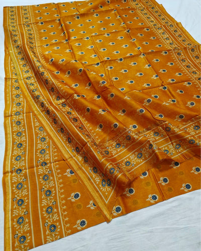 Indiehaat | Chanderi Silk Ajrakh Print Saree Yellow