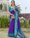 Indiehaat | Soft Silk Floral Border Contrast Zari Woven Purple & Blue Saree