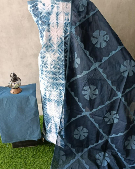 Indiehaat | Cotton Applique Suit Set Shibori Dyed White Top with Dark Blue Bottom and Dupatta