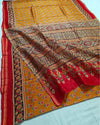 Indiehaat | Chanderi Silk Ajrakh Print Saree Yellow