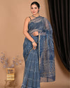 Indiehaat | Blockprinted Kota Doria Indigo Saree | Elegant