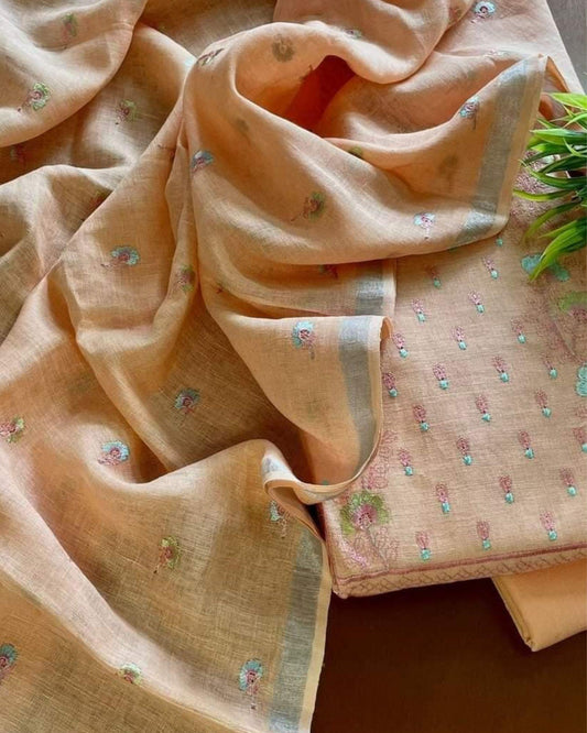 Indiehaat | Pure Linen Embroidered Suit Piece Preach Color (Top+Dupatta) With Linen Bottom