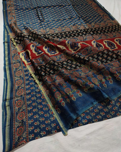 Indiehaat | Ajrakh Printed Chanderi Silk Saree Blue | Serenity in Silk