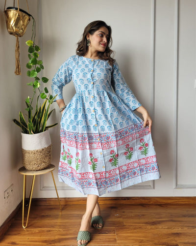 Indiehaat | Blockprinted Cotton Long Dress Blue