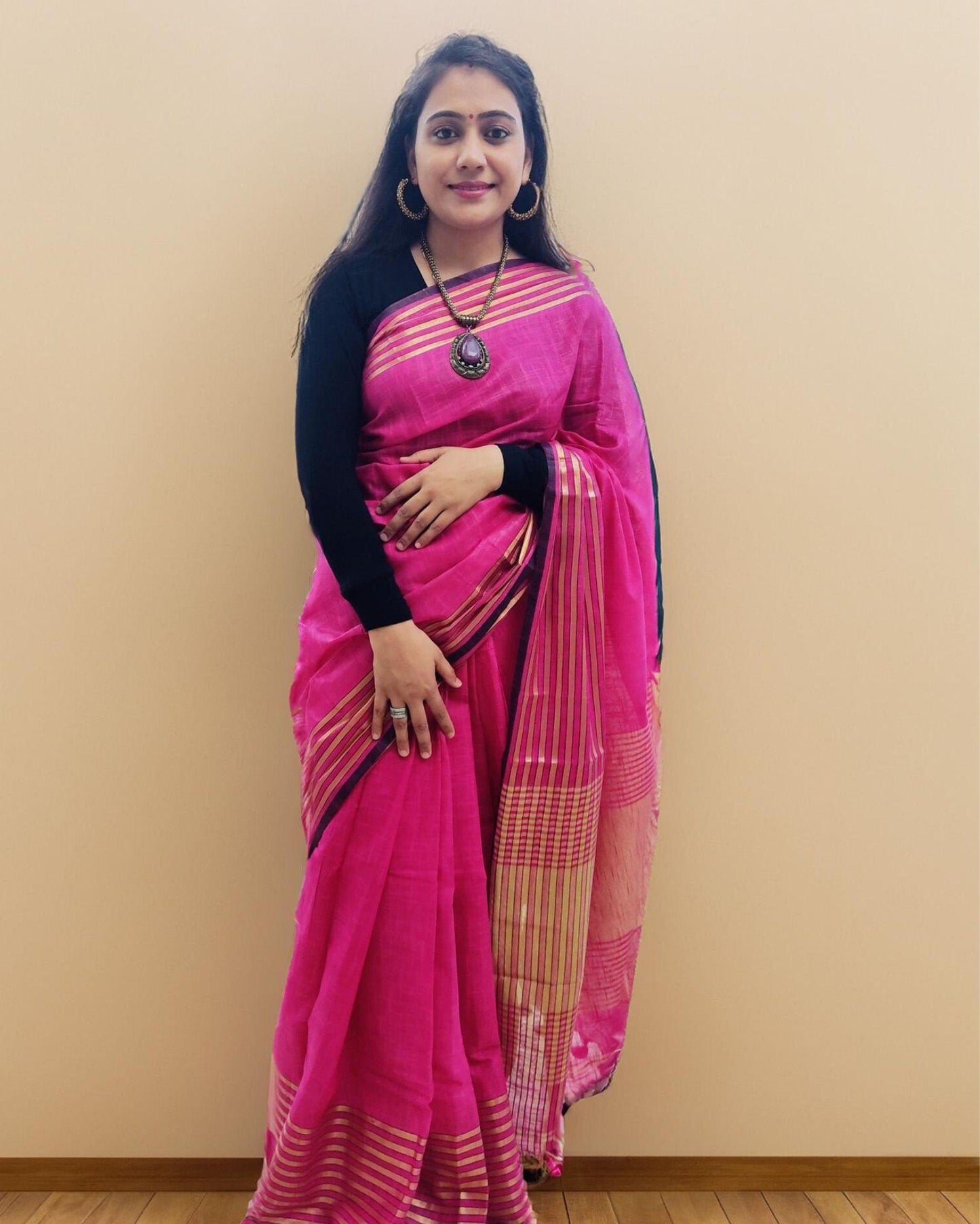 IndieHaat | Khadi Linen Pink Saree Striped Border Running blouse