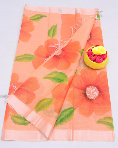 Indiehaat | Kota Linen Hand Painted Orange Saree | Artistry