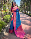 Indiehaat | Soft Silk Floral Border Contrast Zari Woven Blue Saree