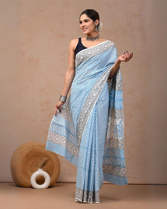 Indiehaat | Pure Mulmul Cotton Saree Sky Blue Color handblock printed with Running Blouse