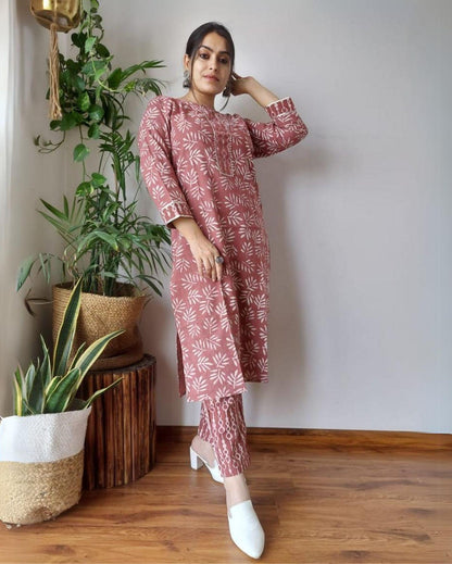 Indiehaat | Cotton Stitched Kurti Maroon Color Handblock Printed With Pant