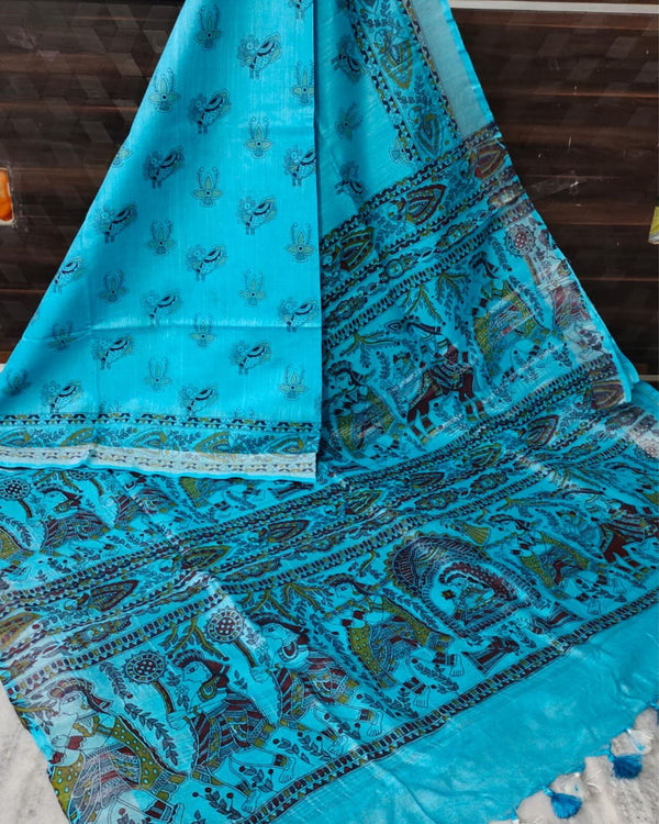 Indiehaat | Slub Linen Madhubani Blue Saree