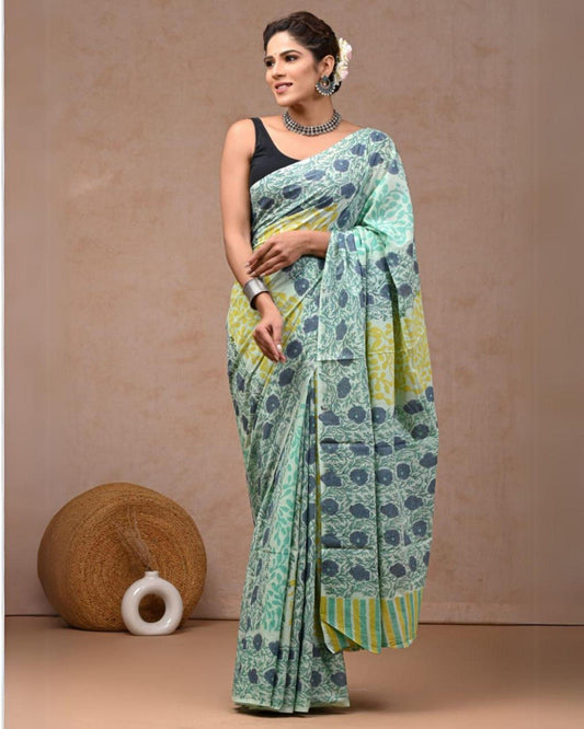 Indiehaat | Pure Mulmul Cotton Saree Multi Color handblock printed with Running Blouse