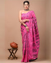 Indiehaat | Pure Mulmul Cotton Saree Pink Color Bagru Handblock Print with Running Blouse