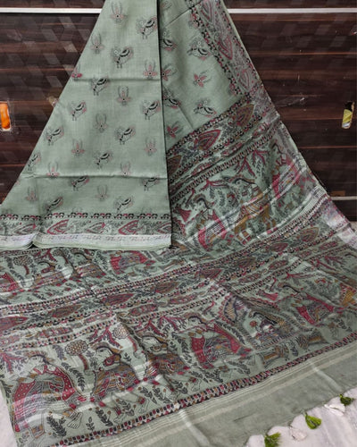 Indiehaat | Slub Linen Madhubani Green Saree