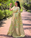 Indiehaat | Organza Meenakari Floral Jaal Zari Woven Green Saree