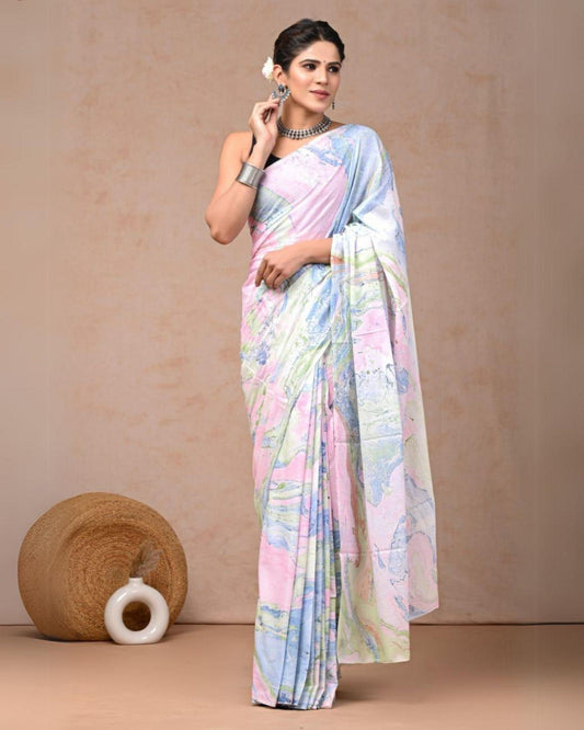 Indiehaat | Pure Mulmul Cotton Saree Pastel Pink Color handblock printed with Running Blouse