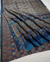 Indiehaat | Ajrakh Printed Chanderi Silk Saree Blue | Serenity in Silk