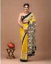 Indiehaat | Pure Mulmul Cotton Saree  Mustard Yellow Color Bagru Handblock Print with Running Blouse