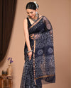 Indiehaat | Blockprinted Kota Doria Navy Blue Saree | Elegant