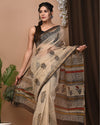 Indiehaat | Blockprinted Kota Doria Beige Saree | Elegant