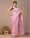 Indiehaat | Mulmul Cotton Saree pink Color Handblock Printed with Running Blouse