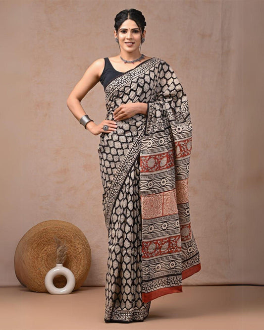 Indiehaat | Pure Mulmul Cotton Saree Black with Multi Color handblock printed with Running Blouse